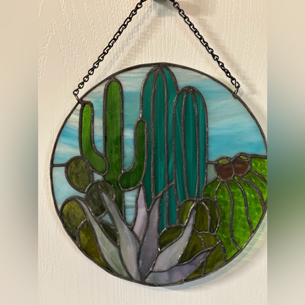 Handmade Stained Glass Hanging.  Cactus